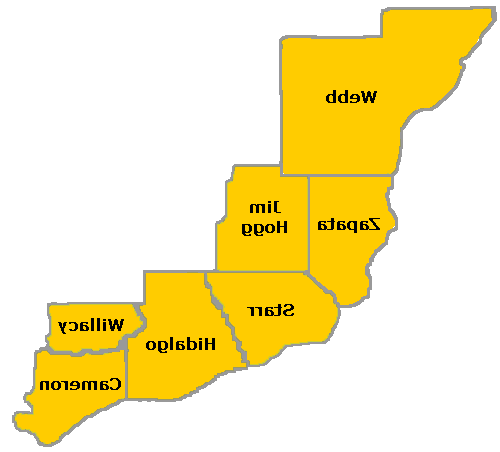 Texas Education Agency Educational Service Center Region 1 Map including Webb, Zapata, Jim Hogg, Starr, Hidalgo, Willacy, and Cameron counties